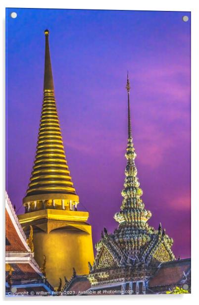Sunset Stupas Towers Old Temple Grand Palace Bangkok Thailand Acrylic by William Perry