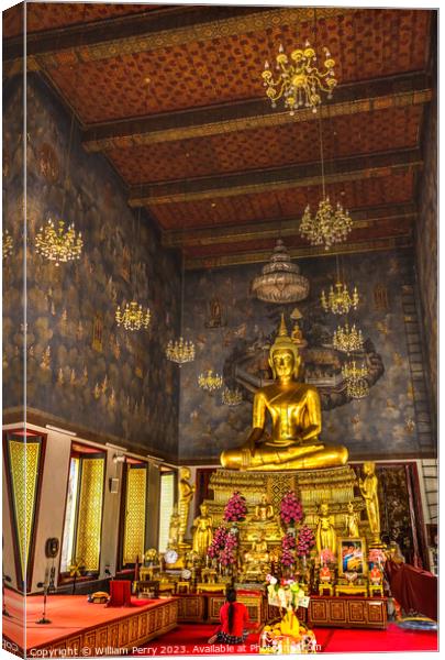Praying Golden Buddha Main Hall Wat Ratchanaddaram Worawihan Ban Canvas Print by William Perry