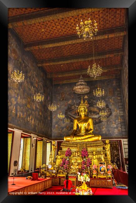 Praying Golden Buddha Main Hall Wat Ratchanaddaram Worawihan Ban Framed Print by William Perry