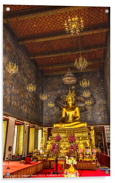 Praying Golden Buddha Main Hall Wat Ratchanaddaram Worawihan Ban Acrylic by William Perry