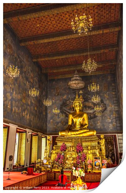 Praying Golden Buddha Main Hall Wat Ratchanaddaram Worawihan Ban Print by William Perry