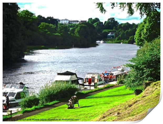 Boats moored at the Killyhevlin Hotel, Fermanagh, Northern Ireland Print by Stephanie Moore