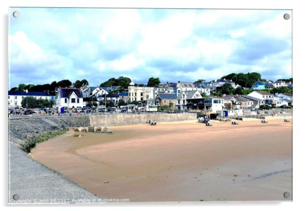 Beach and town, Saundersfoot, South Wales, UK. Acrylic by john hill
