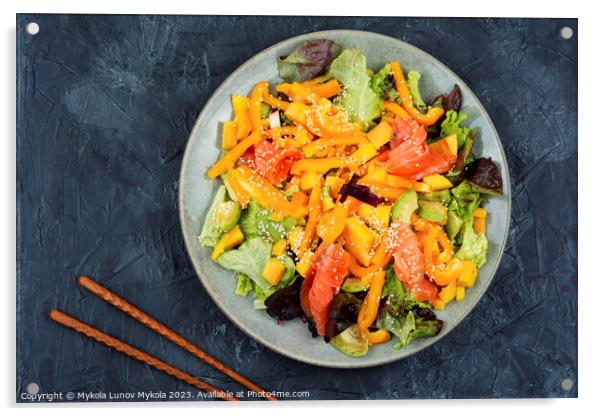 Asian salad with salmon. Acrylic by Mykola Lunov Mykola