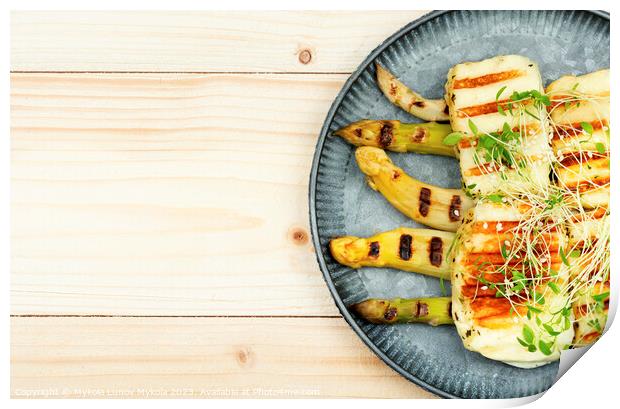 White asparagus with halloumi cheese. Print by Mykola Lunov Mykola