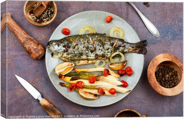 Trout baked with white asparagus Canvas Print by Mykola Lunov Mykola