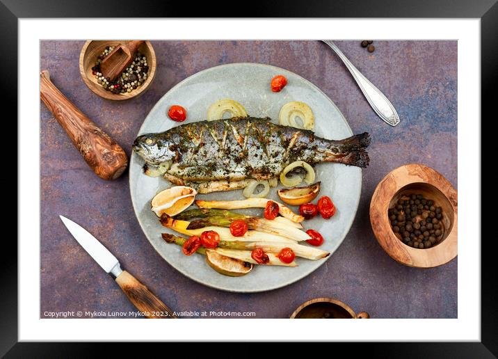 Trout baked with white asparagus Framed Mounted Print by Mykola Lunov Mykola