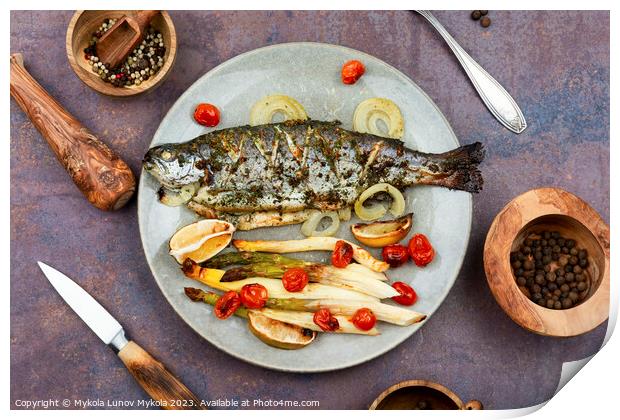 Trout baked with white asparagus Print by Mykola Lunov Mykola