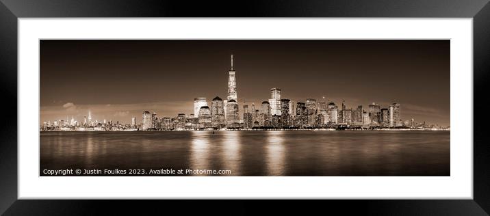 New York cityscape panorama in sepia Framed Mounted Print by Justin Foulkes
