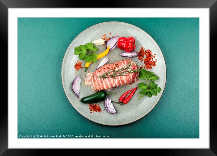 Raw chicken breast fillet wrapped in bacon. Framed Mounted Print by Mykola Lunov Mykola