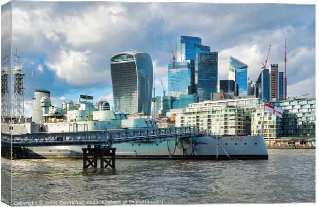 Londons Warship vs Architecture Canvas Print by Janet Carmichael