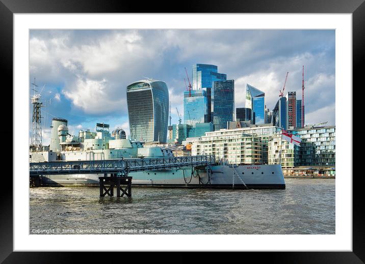 Londons Warship vs Architecture Framed Mounted Print by Janet Carmichael