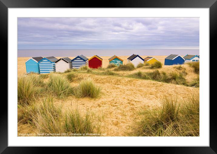 Vibrant Southwold Beach Huts Framed Mounted Print by Janet Carmichael