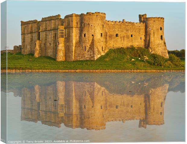 Carew Castle Reflecting in the Tidal Mill Pond Canvas Print by Terry Brooks