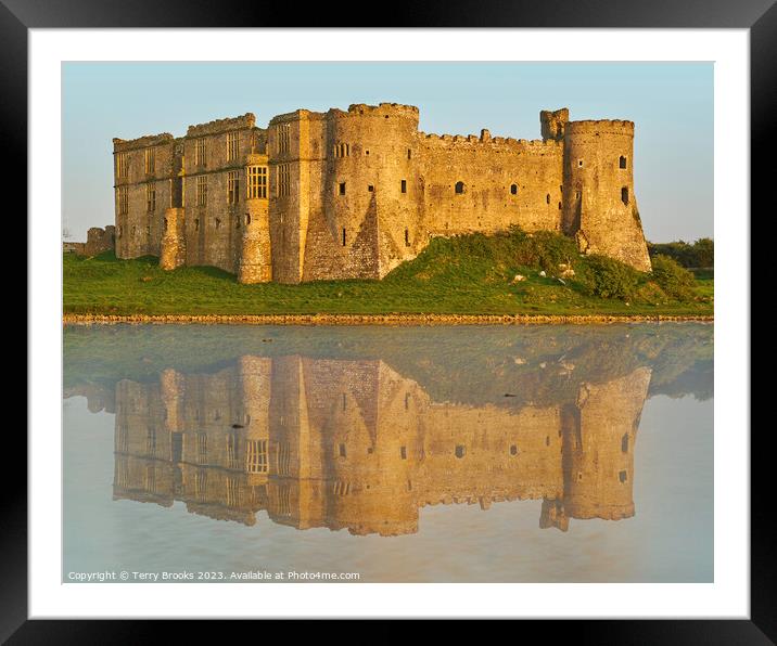 Carew Castle Reflecting in the Tidal Mill Pond Framed Mounted Print by Terry Brooks