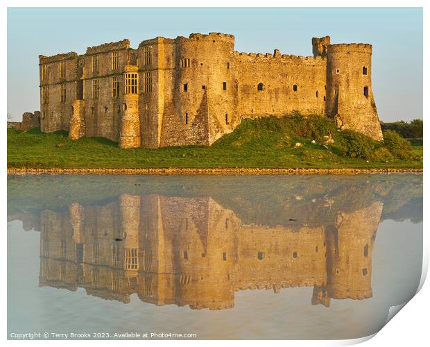 Carew Castle Reflecting in the Tidal Mill Pond Print by Terry Brooks