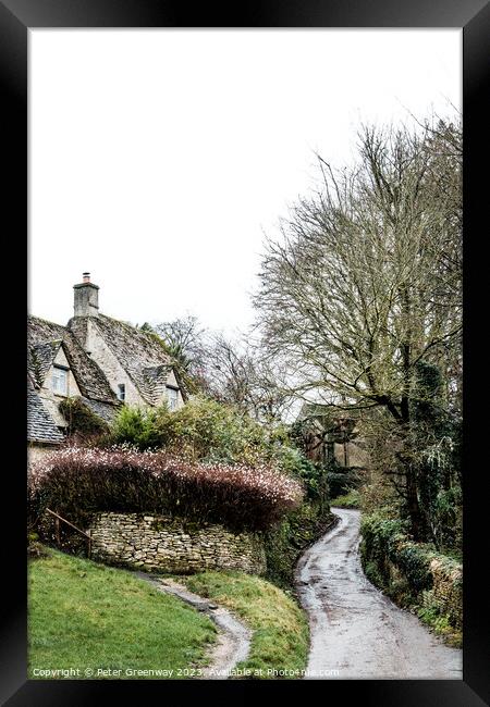 Winding Lane Past Quintessential English Cotswold Cottages In Bi Framed Print by Peter Greenway