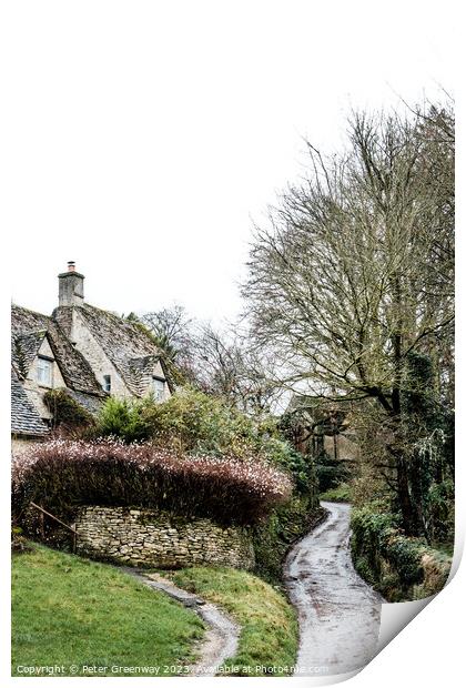 Winding Lane Past Quintessential English Cotswold Cottages In Bi Print by Peter Greenway