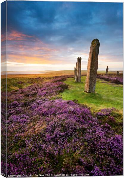 Ring of Brodgar, at sunset, Orkney Canvas Print by Justin Foulkes