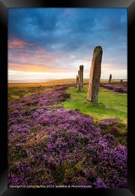 Ring of Brodgar, at sunset, Orkney Framed Print by Justin Foulkes