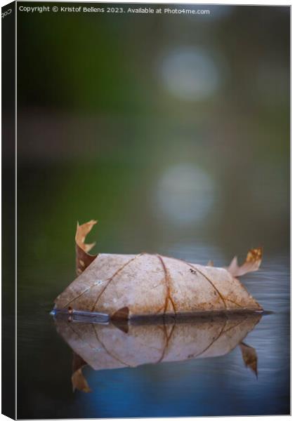 Vertical closeup shot of Autumn leaf in quiet water with reflections and blurry background. Canvas Print by Kristof Bellens