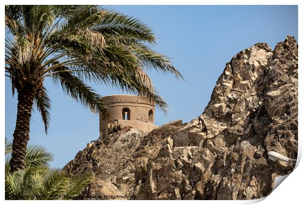 Fortification overlooking Muscat harbour, Oman. Print by Chris North