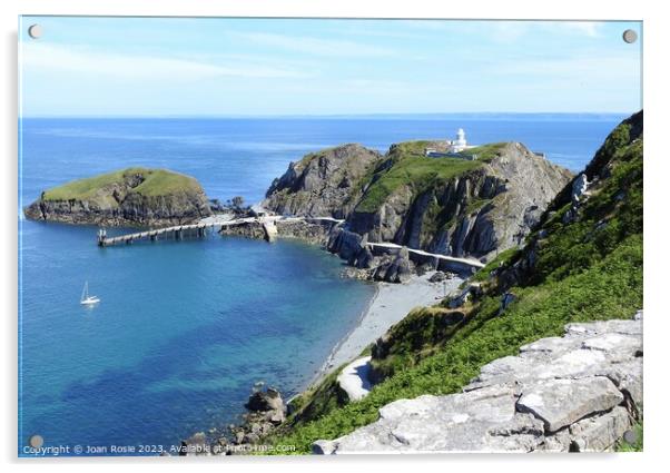 Looking down at the Landing Stage and Lighthouse on Lundy Acrylic by Joan Rosie