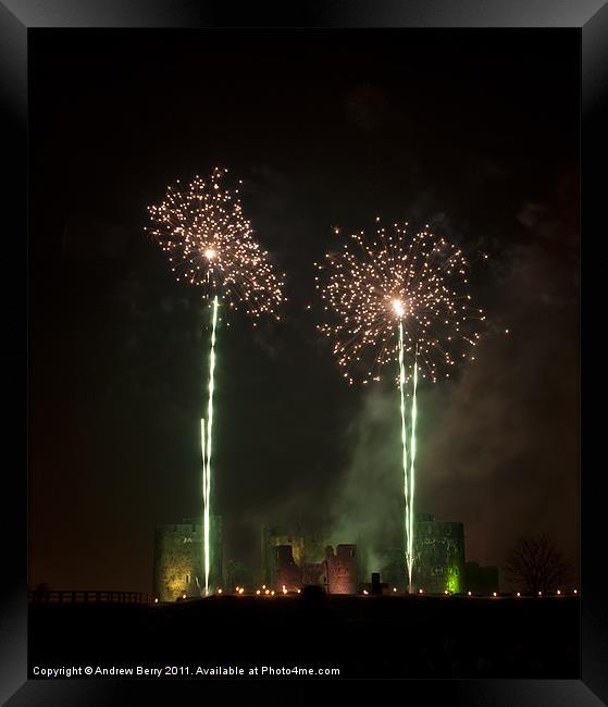 Caerphilly Castle Fireworks Framed Print by Andrew Berry