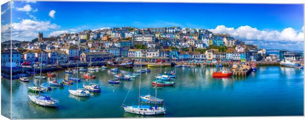Brixham Harbour in the Spring Panorama Canvas Print by Paul F Prestidge