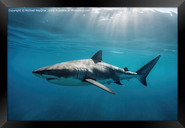 A big shark in the shallow water of the ocean created with gener Framed Print by Michael Piepgras