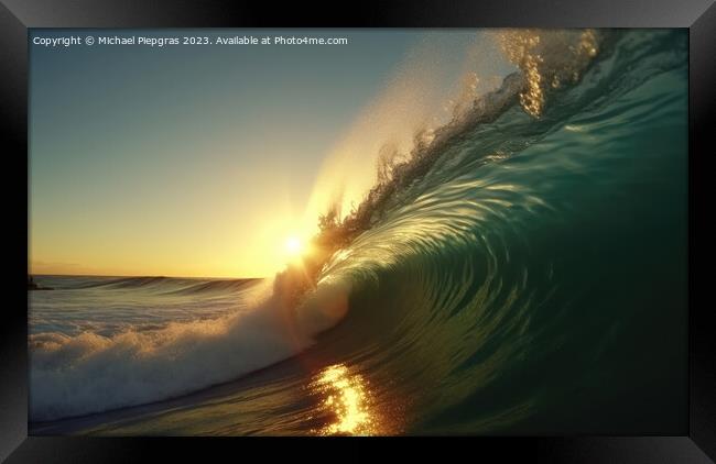 A big wave looking into the wave tunnel during sunset created wi Framed Print by Michael Piepgras