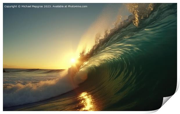 A big wave looking into the wave tunnel during sunset created wi Print by Michael Piepgras