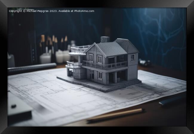 A blueprint of a residential house on a desk with a model of the Framed Print by Michael Piepgras