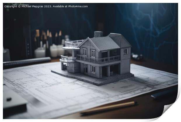 A blueprint of a residential house on a desk with a model of the Print by Michael Piepgras