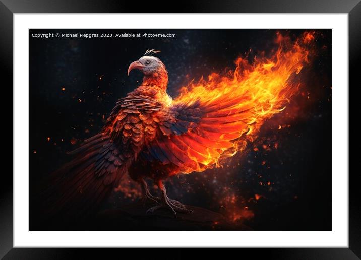 A burning Phoenix birds from the ashes created with generative A Framed Mounted Print by Michael Piepgras