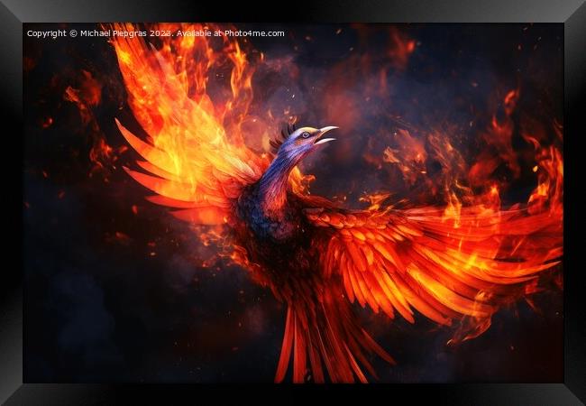 A burning Phoenix birds from the ashes created with generative A Framed Print by Michael Piepgras
