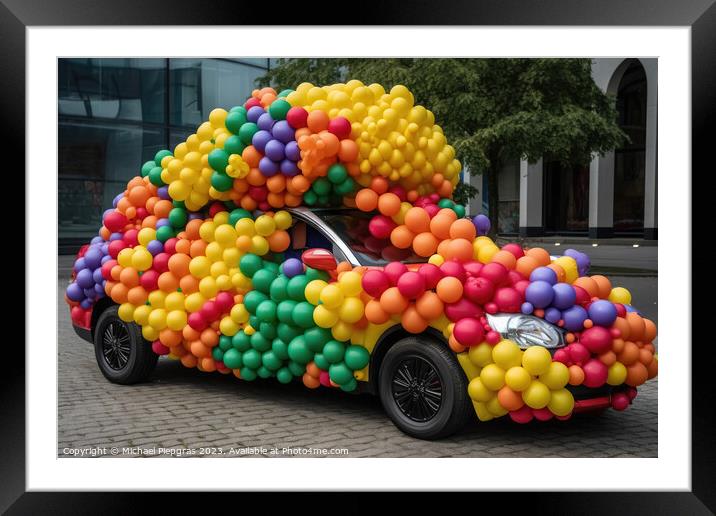 A car made of festive balloons created with generative AI techno Framed Mounted Print by Michael Piepgras
