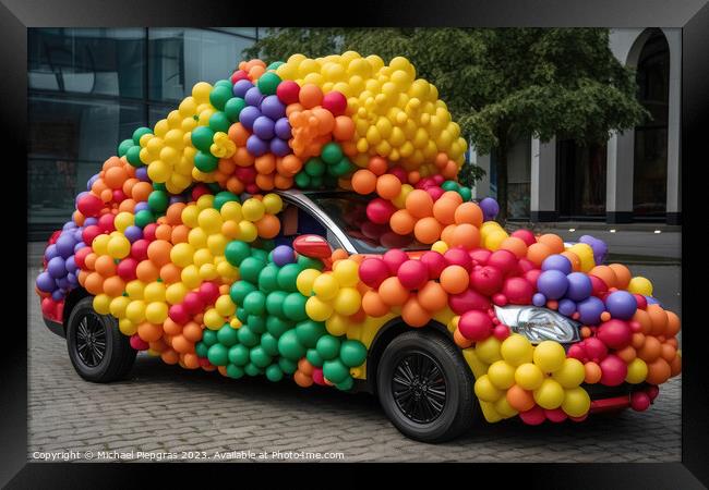 A car made of festive balloons created with generative AI techno Framed Print by Michael Piepgras