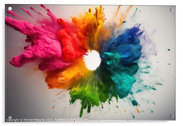 A color Wheel with goethe colors exploding in colorful powder on Acrylic by Michael Piepgras