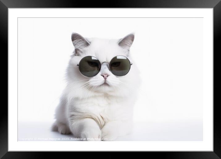 A cool white cat wearing black sunglasses on a white background  Framed Mounted Print by Michael Piepgras