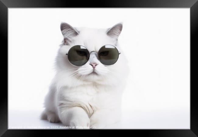 A cool white cat wearing black sunglasses on a white background  Framed Print by Michael Piepgras