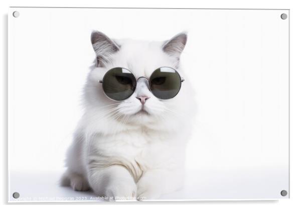 A cool white cat wearing black sunglasses on a white background  Acrylic by Michael Piepgras