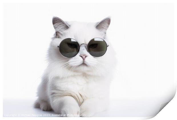 A cool white cat wearing black sunglasses on a white background  Print by Michael Piepgras