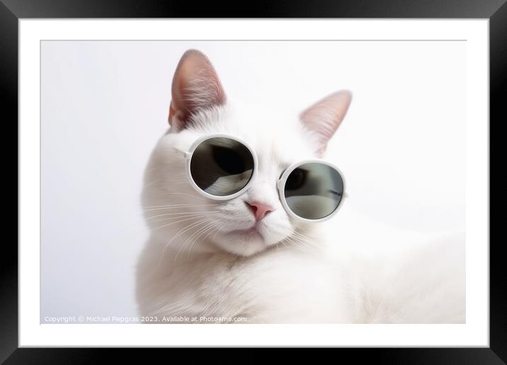 A cool white cat wearing black sunglasses on a white background  Framed Mounted Print by Michael Piepgras