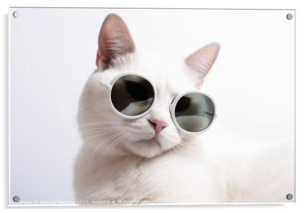 A cool white cat wearing black sunglasses on a white background  Acrylic by Michael Piepgras