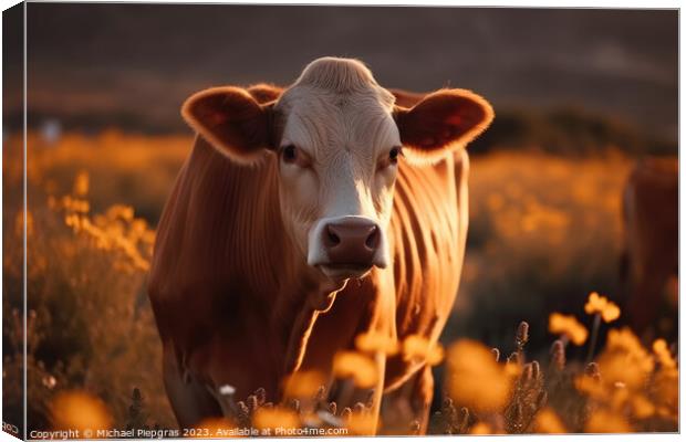 A cow on a field with some flowers created with generative AI te Canvas Print by Michael Piepgras
