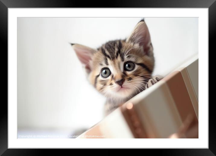 A cute kitten looking out of a present box created with generati Framed Mounted Print by Michael Piepgras
