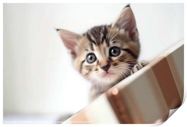 A cute kitten looking out of a present box created with generati Print by Michael Piepgras