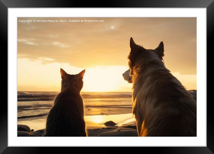 A dog and a cat seen from behind on the beach look dreamily into Framed Mounted Print by Michael Piepgras
