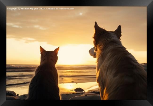 A dog and a cat seen from behind on the beach look dreamily into Framed Print by Michael Piepgras